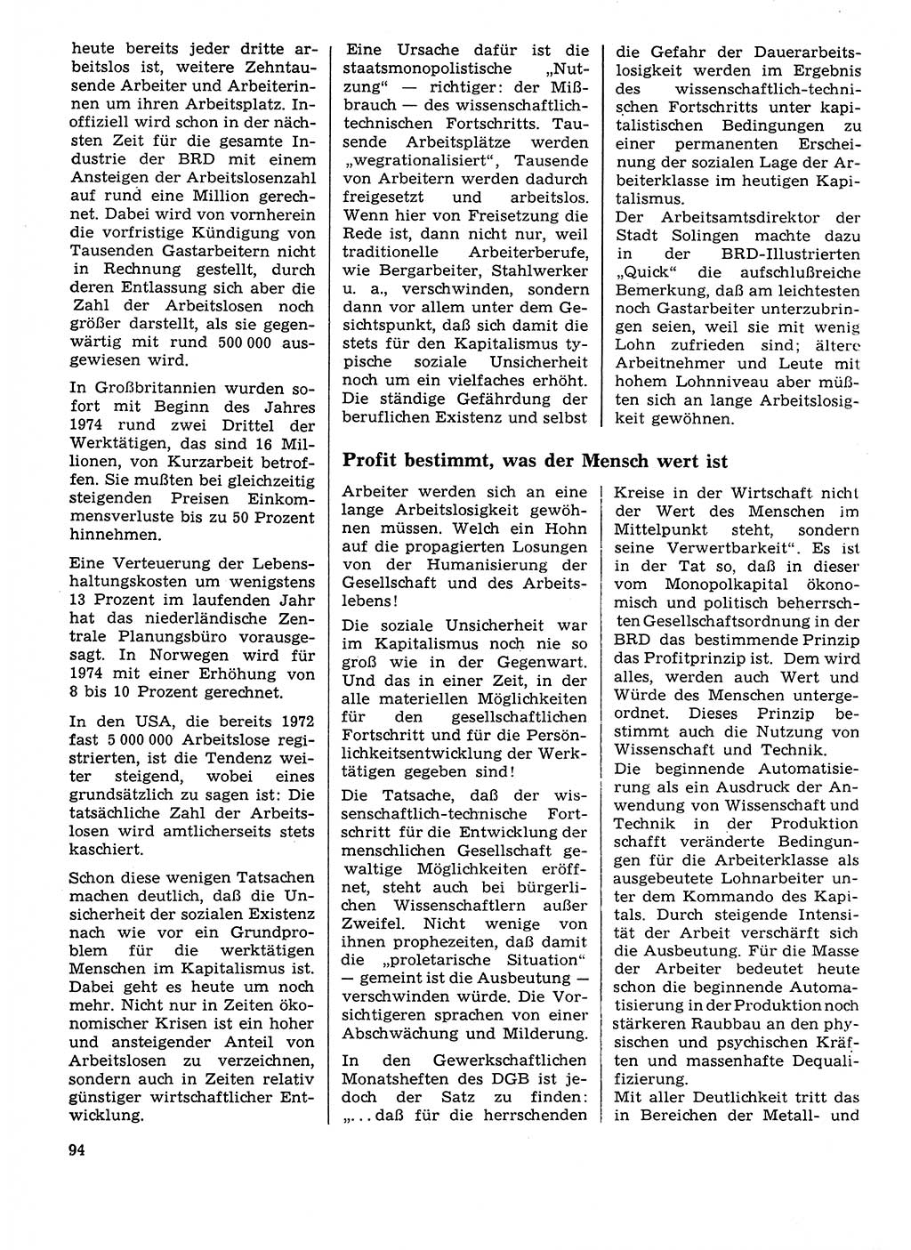 Neuer Weg (NW), Organ des Zentralkomitees (ZK) der SED (Sozialistische Einheitspartei Deutschlands) für Fragen des Parteilebens, 29. Jahrgang [Deutsche Demokratische Republik (DDR)] 1974, Seite 94 (NW ZK SED DDR 1974, S. 94)