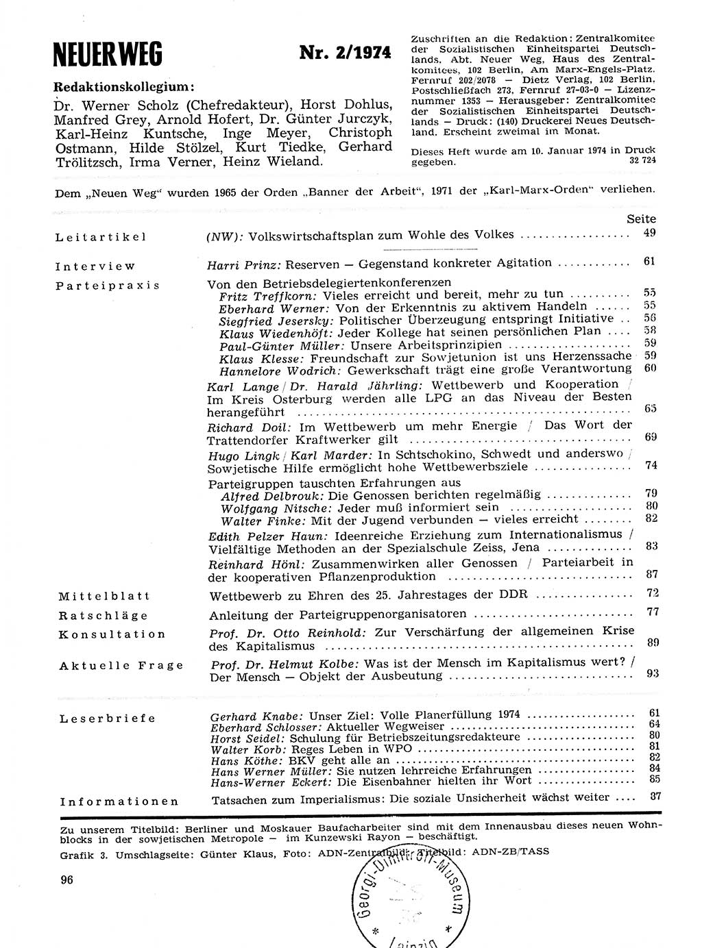 Neuer Weg (NW), Organ des Zentralkomitees (ZK) der SED (Sozialistische Einheitspartei Deutschlands) für Fragen des Parteilebens, 29. Jahrgang [Deutsche Demokratische Republik (DDR)] 1974, Seite 96 (NW ZK SED DDR 1974, S. 96)