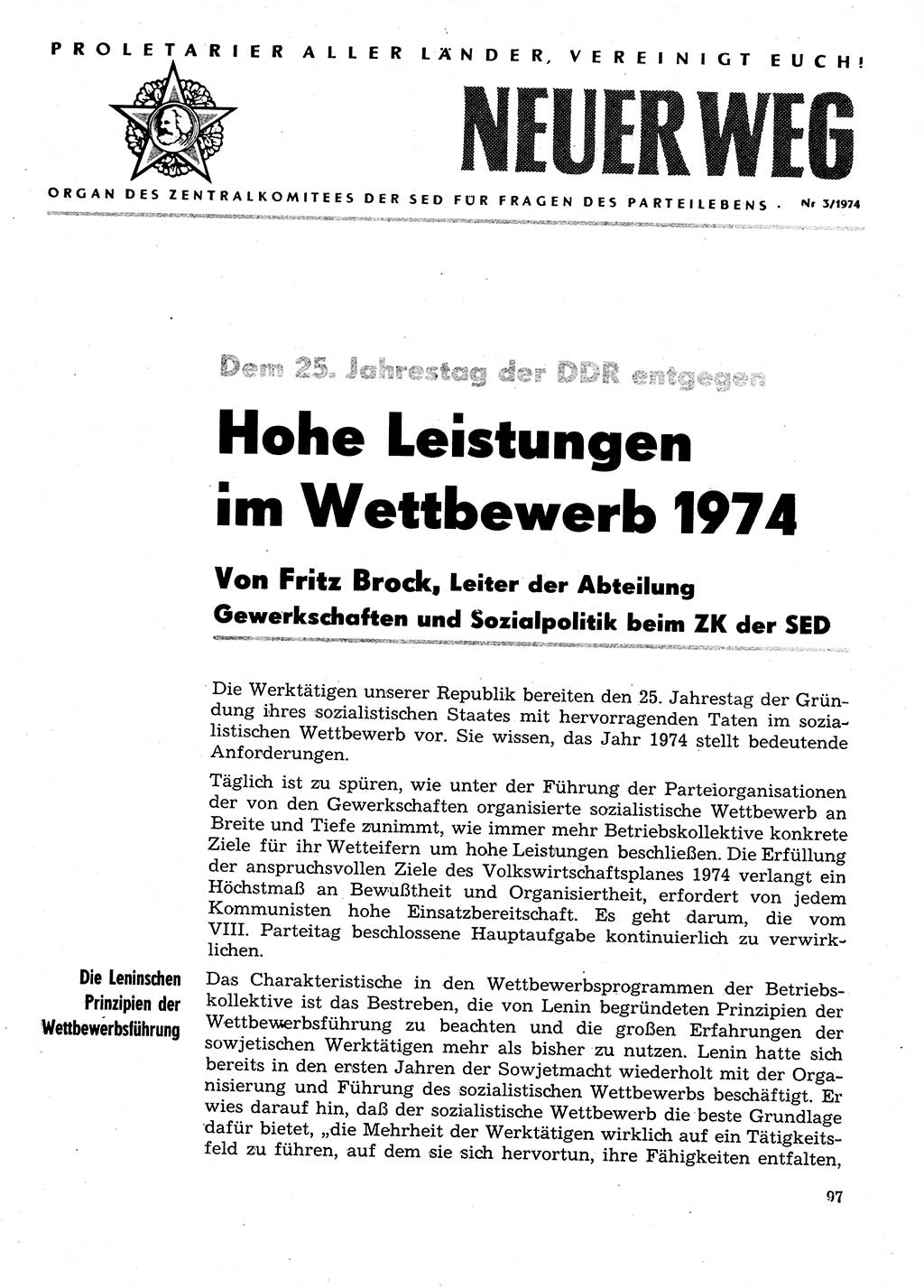 Neuer Weg (NW), Organ des Zentralkomitees (ZK) der SED (Sozialistische Einheitspartei Deutschlands) für Fragen des Parteilebens, 29. Jahrgang [Deutsche Demokratische Republik (DDR)] 1974, Seite 97 (NW ZK SED DDR 1974, S. 97)
