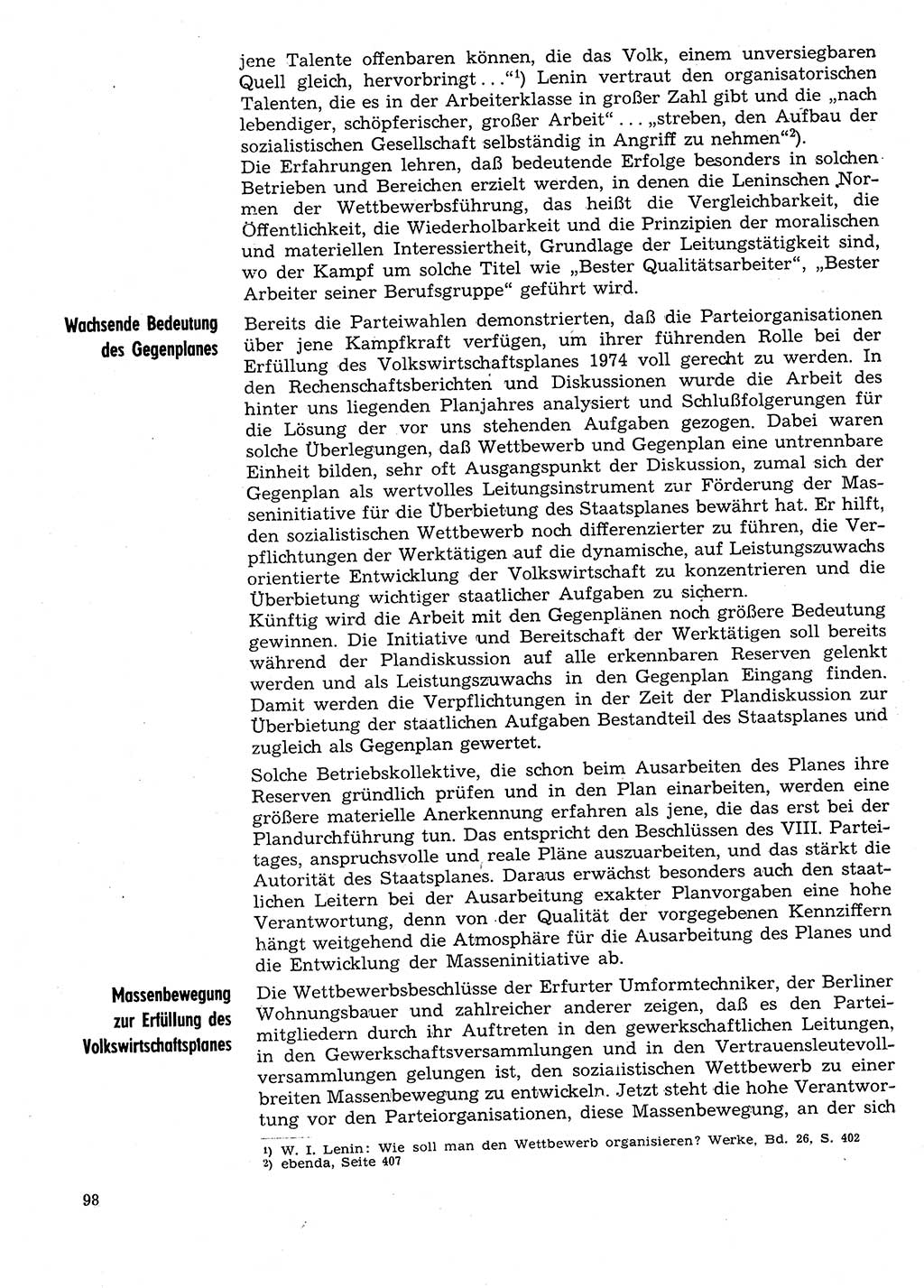 Neuer Weg (NW), Organ des Zentralkomitees (ZK) der SED (Sozialistische Einheitspartei Deutschlands) für Fragen des Parteilebens, 29. Jahrgang [Deutsche Demokratische Republik (DDR)] 1974, Seite 98 (NW ZK SED DDR 1974, S. 98)