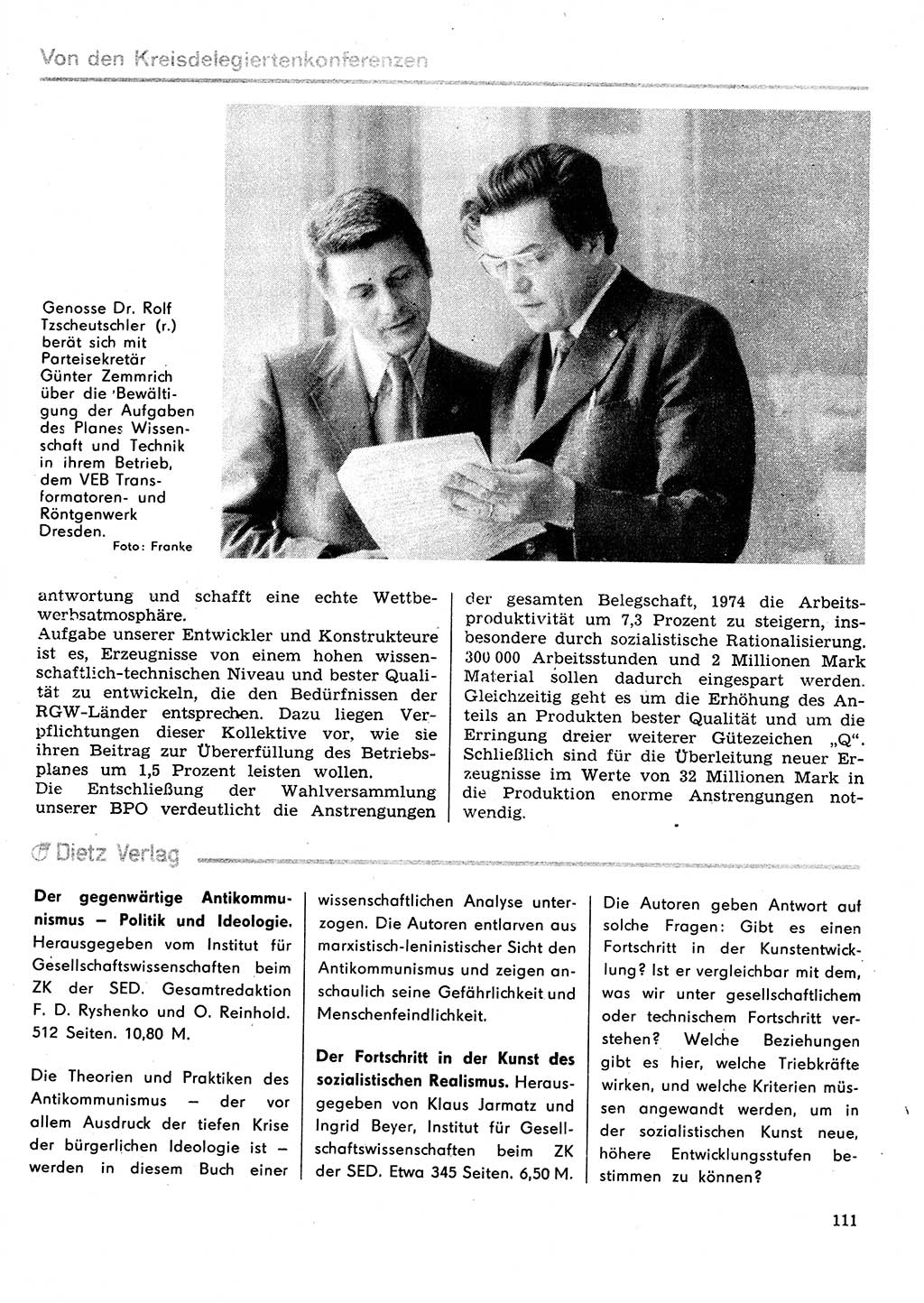 Neuer Weg (NW), Organ des Zentralkomitees (ZK) der SED (Sozialistische Einheitspartei Deutschlands) für Fragen des Parteilebens, 29. Jahrgang [Deutsche Demokratische Republik (DDR)] 1974, Seite 111 (NW ZK SED DDR 1974, S. 111)