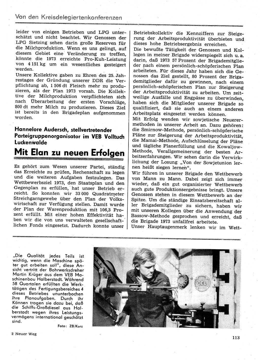 Neuer Weg (NW), Organ des Zentralkomitees (ZK) der SED (Sozialistische Einheitspartei Deutschlands) für Fragen des Parteilebens, 29. Jahrgang [Deutsche Demokratische Republik (DDR)] 1974, Seite 113 (NW ZK SED DDR 1974, S. 113)