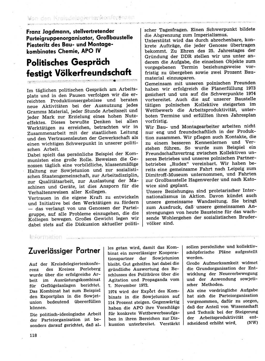 Neuer Weg (NW), Organ des Zentralkomitees (ZK) der SED (Sozialistische Einheitspartei Deutschlands) für Fragen des Parteilebens, 29. Jahrgang [Deutsche Demokratische Republik (DDR)] 1974, Seite 118 (NW ZK SED DDR 1974, S. 118)