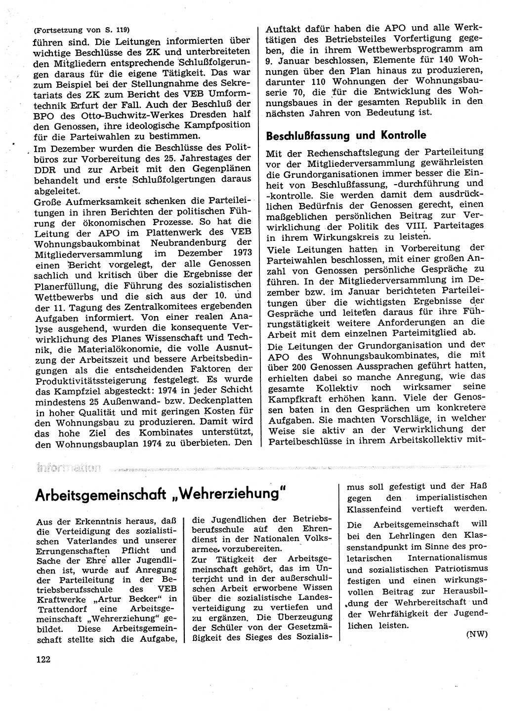 Neuer Weg (NW), Organ des Zentralkomitees (ZK) der SED (Sozialistische Einheitspartei Deutschlands) für Fragen des Parteilebens, 29. Jahrgang [Deutsche Demokratische Republik (DDR)] 1974, Seite 122 (NW ZK SED DDR 1974, S. 122)