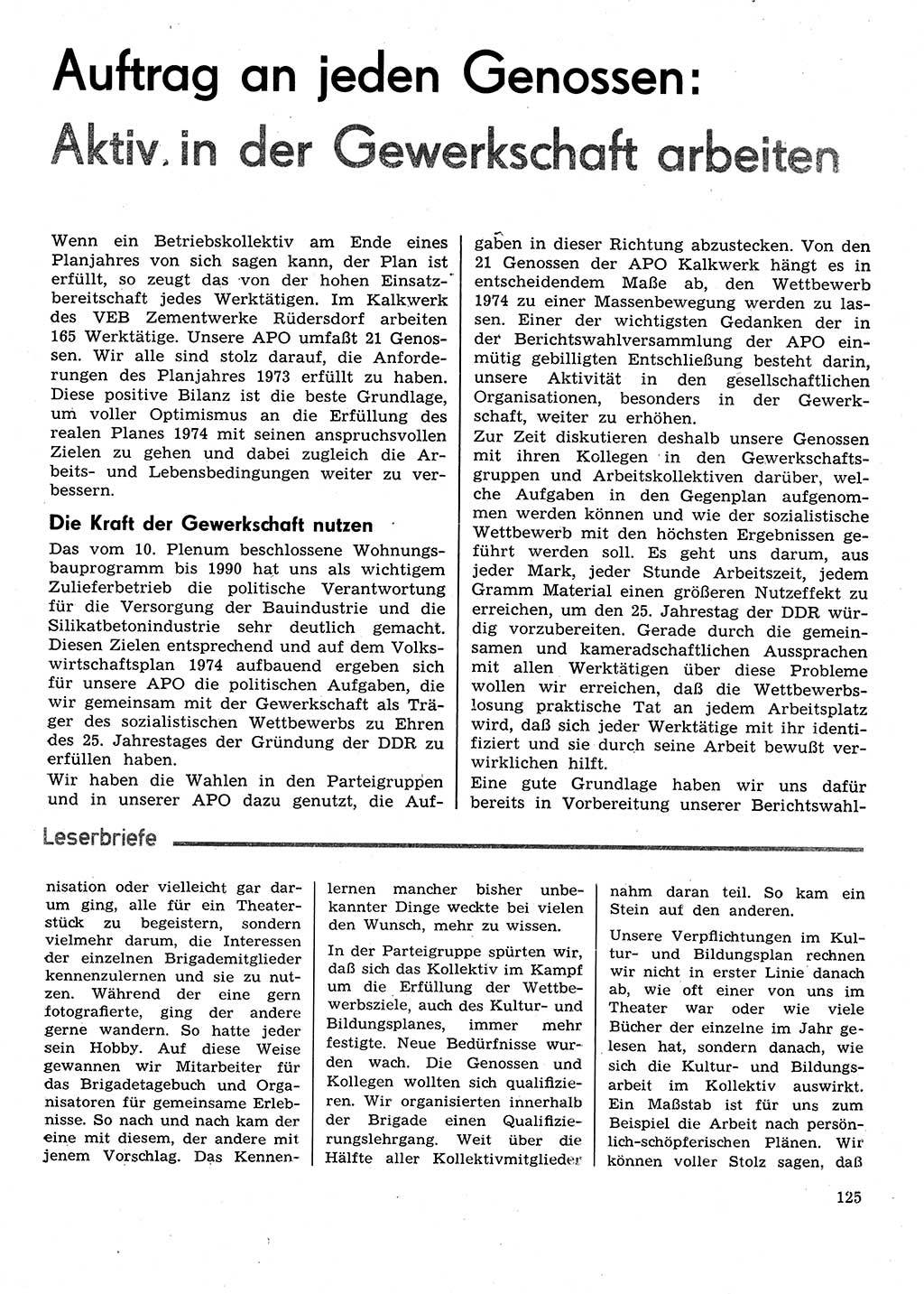 Neuer Weg (NW), Organ des Zentralkomitees (ZK) der SED (Sozialistische Einheitspartei Deutschlands) für Fragen des Parteilebens, 29. Jahrgang [Deutsche Demokratische Republik (DDR)] 1974, Seite 125 (NW ZK SED DDR 1974, S. 125)