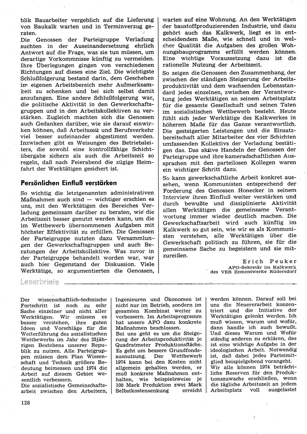 Neuer Weg (NW), Organ des Zentralkomitees (ZK) der SED (Sozialistische Einheitspartei Deutschlands) für Fragen des Parteilebens, 29. Jahrgang [Deutsche Demokratische Republik (DDR)] 1974, Seite 128 (NW ZK SED DDR 1974, S. 128)