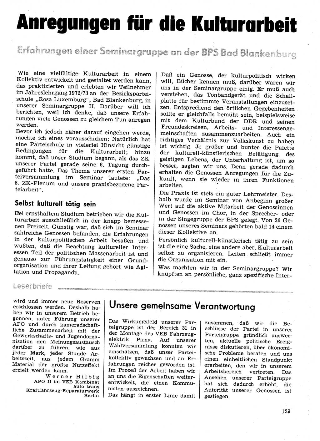 Neuer Weg (NW), Organ des Zentralkomitees (ZK) der SED (Sozialistische Einheitspartei Deutschlands) für Fragen des Parteilebens, 29. Jahrgang [Deutsche Demokratische Republik (DDR)] 1974, Seite 129 (NW ZK SED DDR 1974, S. 129)