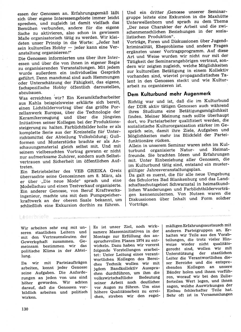 Neuer Weg (NW), Organ des Zentralkomitees (ZK) der SED (Sozialistische Einheitspartei Deutschlands) für Fragen des Parteilebens, 29. Jahrgang [Deutsche Demokratische Republik (DDR)] 1974, Seite 130 (NW ZK SED DDR 1974, S. 130)