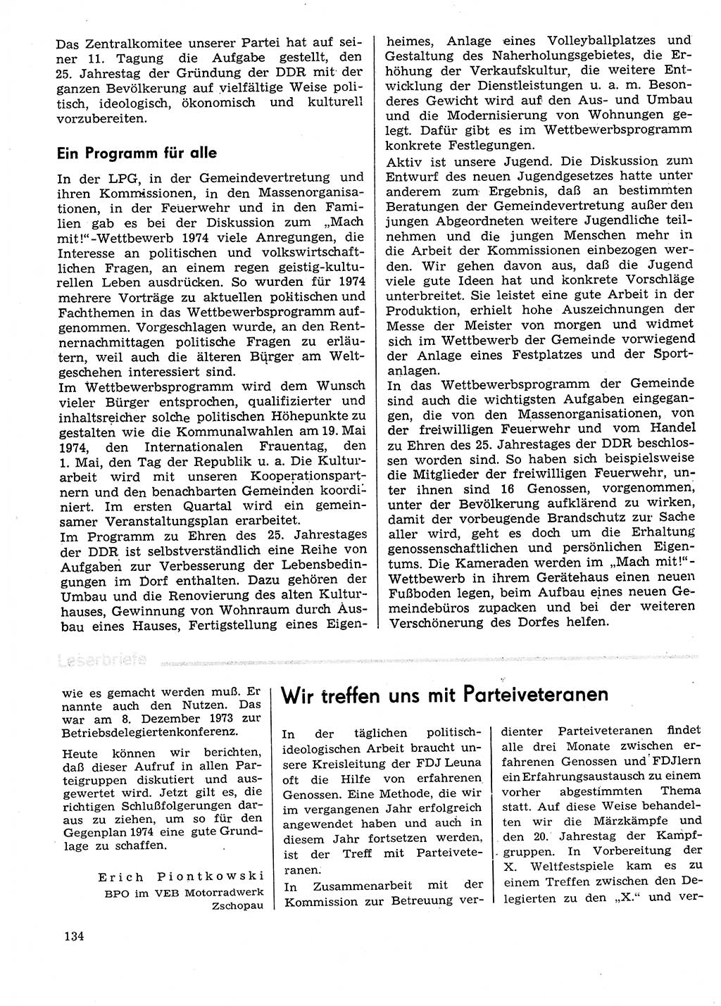 Neuer Weg (NW), Organ des Zentralkomitees (ZK) der SED (Sozialistische Einheitspartei Deutschlands) für Fragen des Parteilebens, 29. Jahrgang [Deutsche Demokratische Republik (DDR)] 1974, Seite 134 (NW ZK SED DDR 1974, S. 134)
