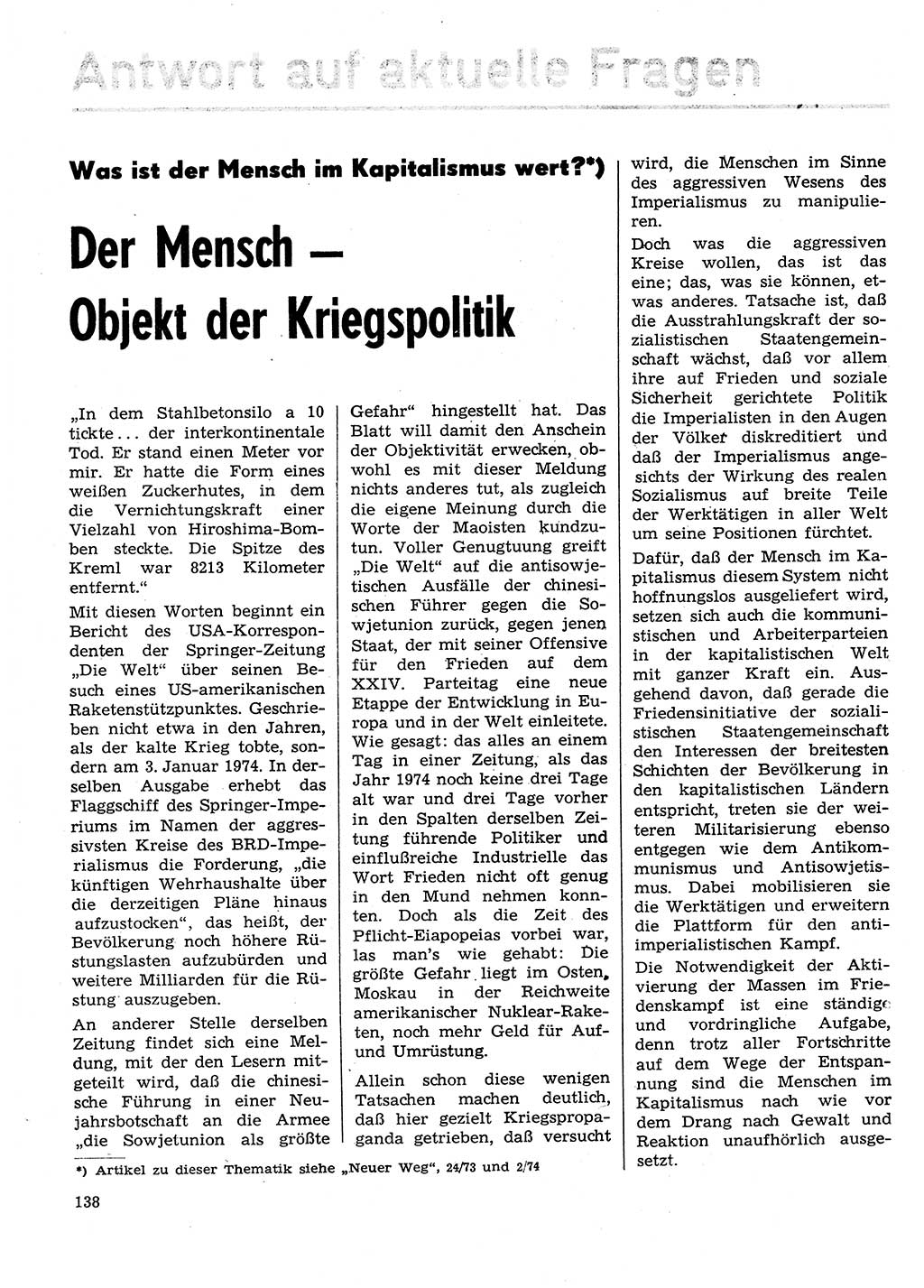 Neuer Weg (NW), Organ des Zentralkomitees (ZK) der SED (Sozialistische Einheitspartei Deutschlands) für Fragen des Parteilebens, 29. Jahrgang [Deutsche Demokratische Republik (DDR)] 1974, Seite 138 (NW ZK SED DDR 1974, S. 138)