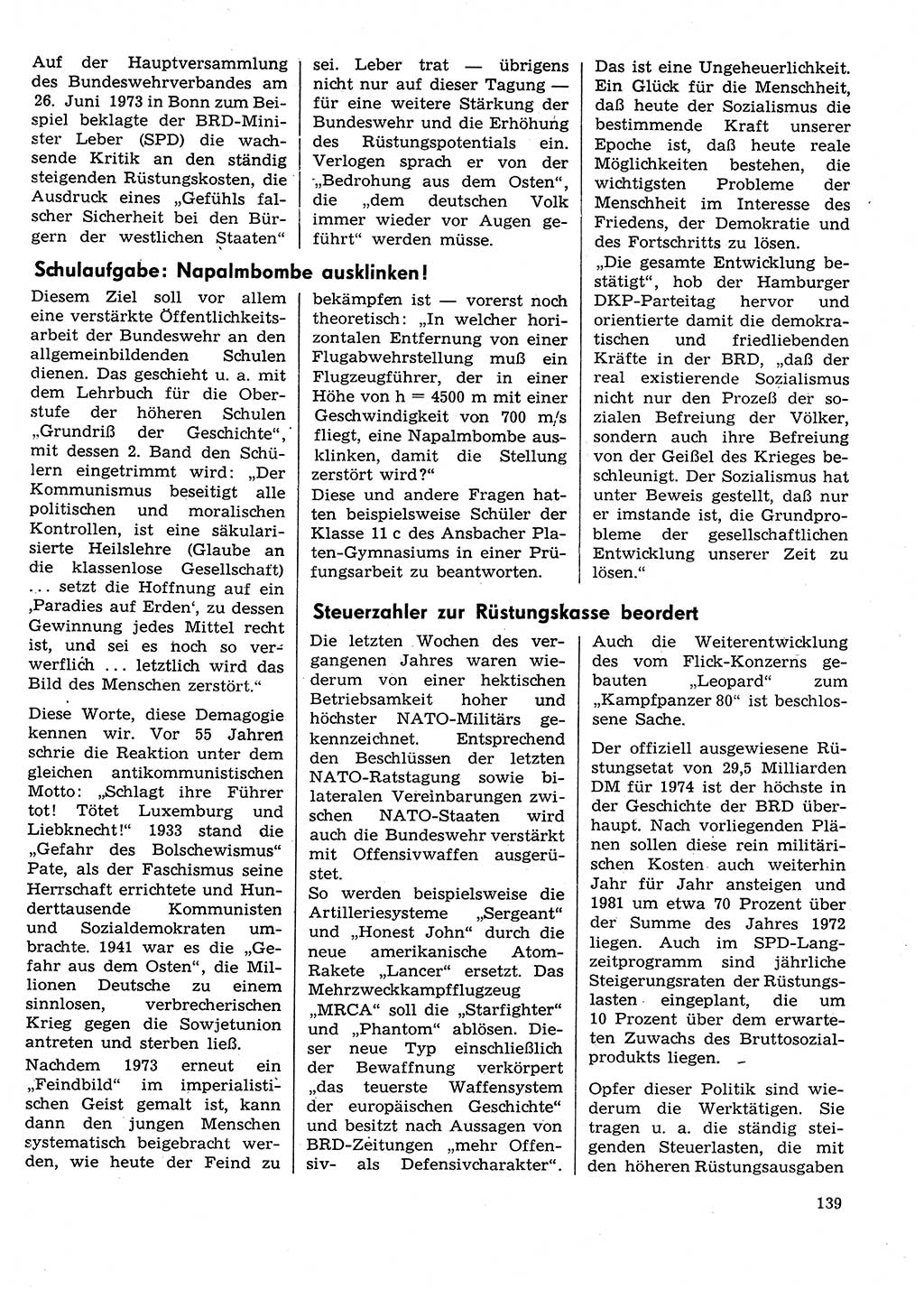 Neuer Weg (NW), Organ des Zentralkomitees (ZK) der SED (Sozialistische Einheitspartei Deutschlands) für Fragen des Parteilebens, 29. Jahrgang [Deutsche Demokratische Republik (DDR)] 1974, Seite 139 (NW ZK SED DDR 1974, S. 139)