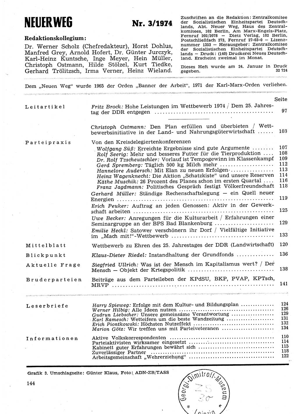 Neuer Weg (NW), Organ des Zentralkomitees (ZK) der SED (Sozialistische Einheitspartei Deutschlands) für Fragen des Parteilebens, 29. Jahrgang [Deutsche Demokratische Republik (DDR)] 1974, Seite 144 (NW ZK SED DDR 1974, S. 144)