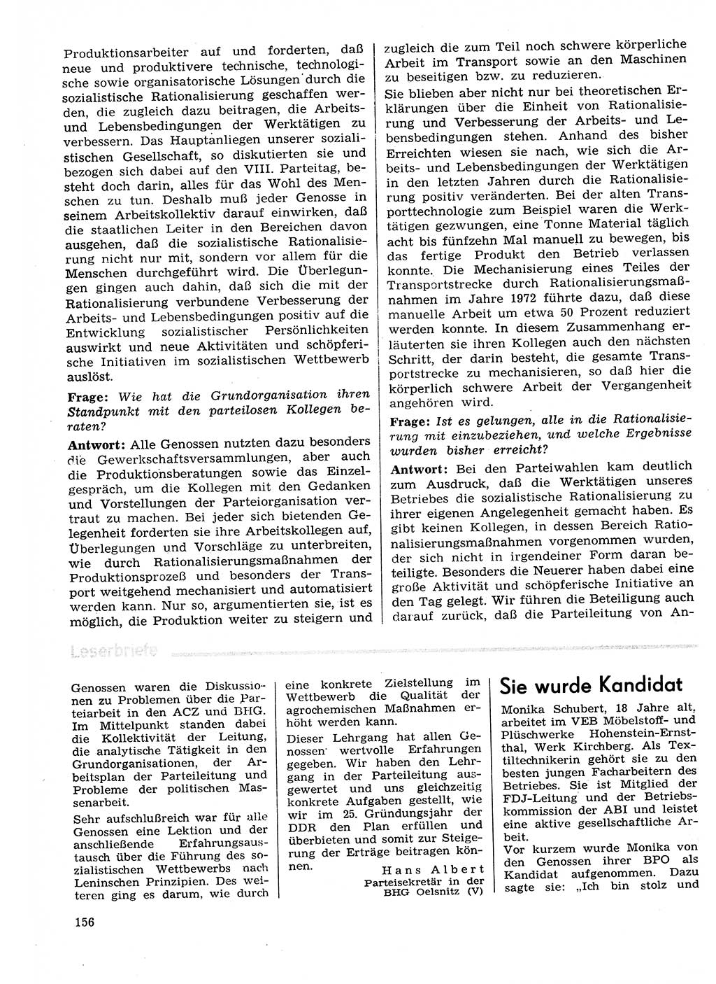 Neuer Weg (NW), Organ des Zentralkomitees (ZK) der SED (Sozialistische Einheitspartei Deutschlands) für Fragen des Parteilebens, 29. Jahrgang [Deutsche Demokratische Republik (DDR)] 1974, Seite 156 (NW ZK SED DDR 1974, S. 156)