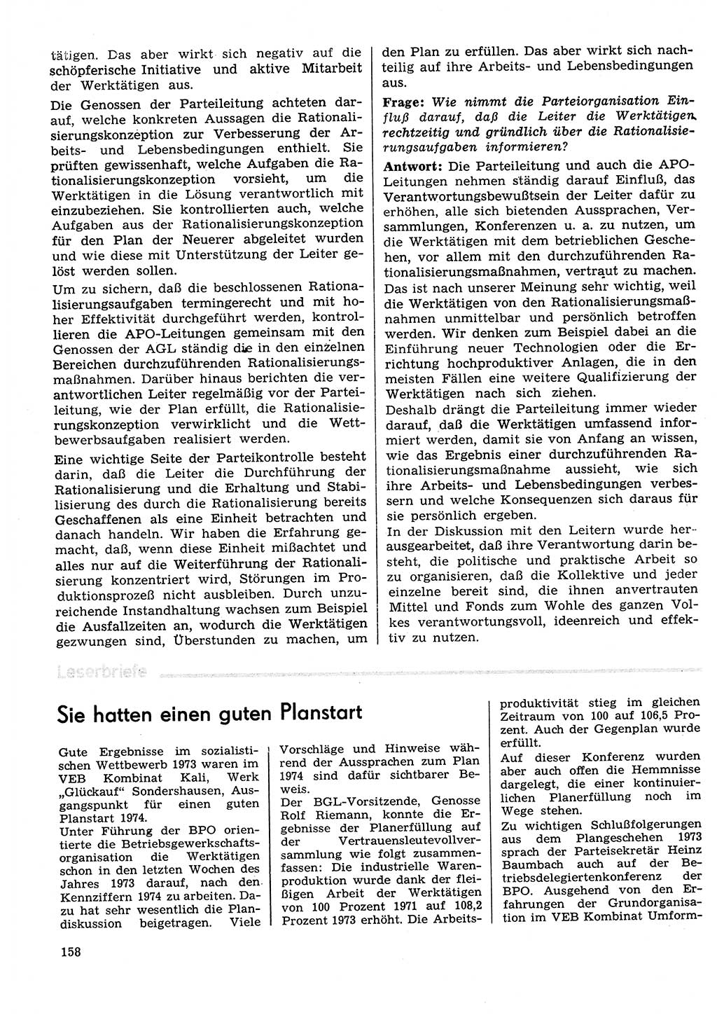 Neuer Weg (NW), Organ des Zentralkomitees (ZK) der SED (Sozialistische Einheitspartei Deutschlands) für Fragen des Parteilebens, 29. Jahrgang [Deutsche Demokratische Republik (DDR)] 1974, Seite 158 (NW ZK SED DDR 1974, S. 158)