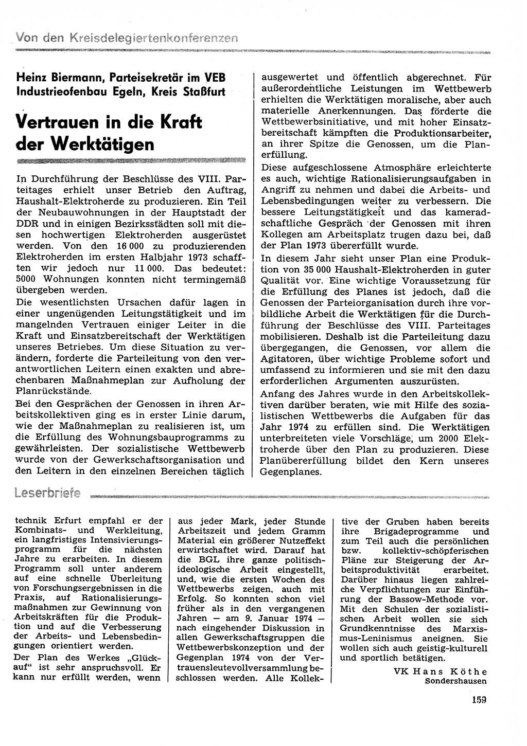 Neuer Weg (NW), Organ des Zentralkomitees (ZK) der SED (Sozialistische Einheitspartei Deutschlands) für Fragen des Parteilebens, 29. Jahrgang [Deutsche Demokratische Republik (DDR)] 1974, Seite 159 (NW ZK SED DDR 1974, S. 159)