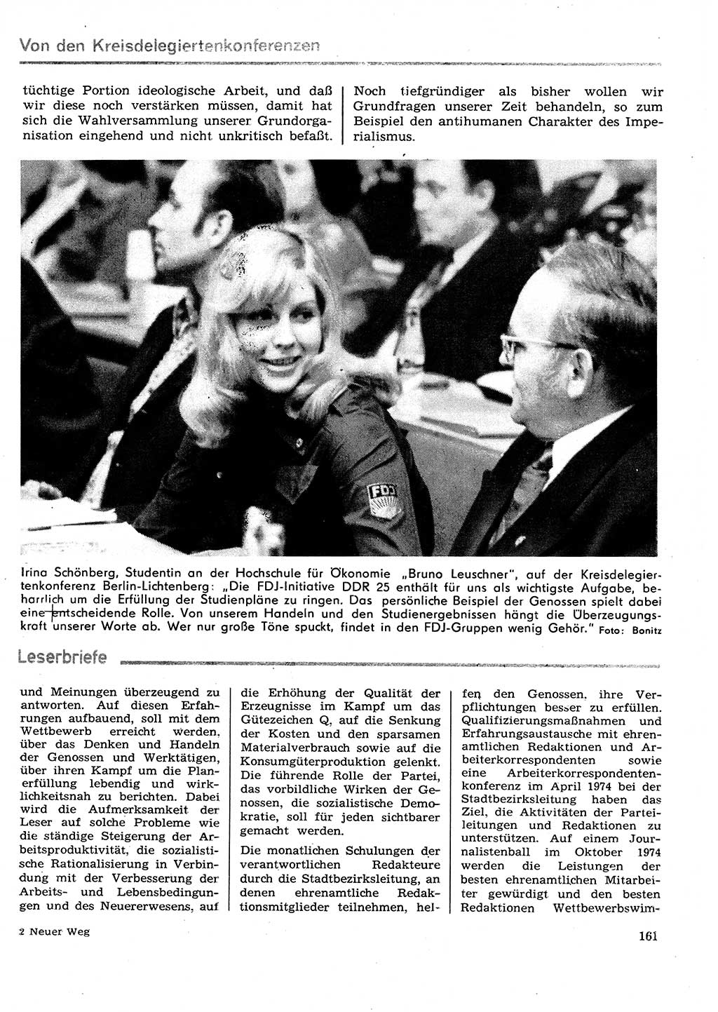Neuer Weg (NW), Organ des Zentralkomitees (ZK) der SED (Sozialistische Einheitspartei Deutschlands) für Fragen des Parteilebens, 29. Jahrgang [Deutsche Demokratische Republik (DDR)] 1974, Seite 161 (NW ZK SED DDR 1974, S. 161)