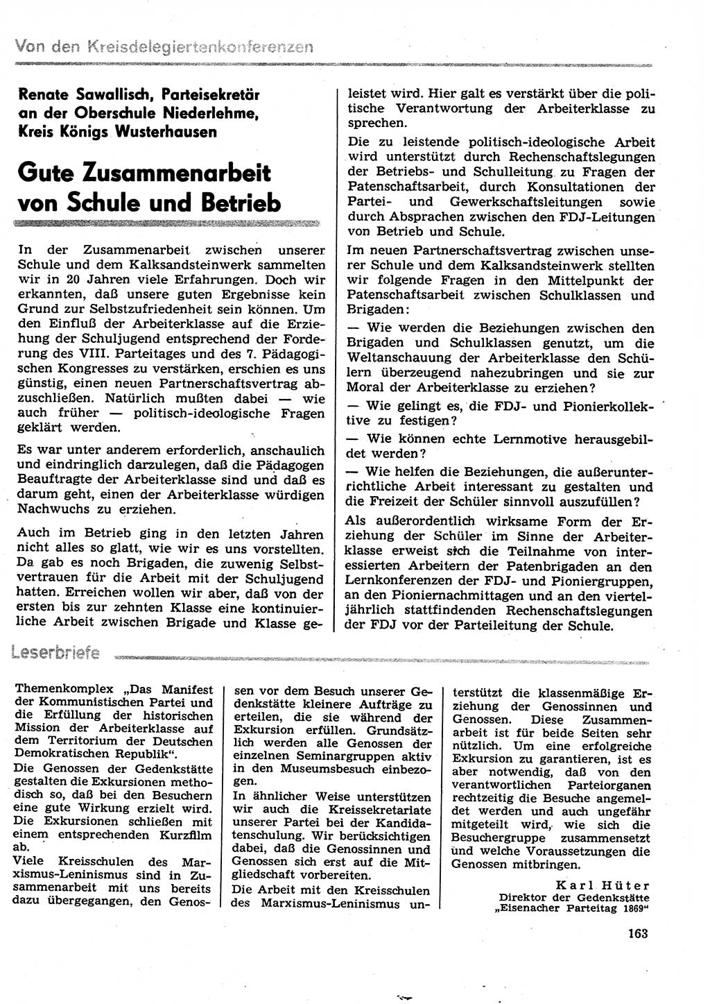 Neuer Weg (NW), Organ des Zentralkomitees (ZK) der SED (Sozialistische Einheitspartei Deutschlands) für Fragen des Parteilebens, 29. Jahrgang [Deutsche Demokratische Republik (DDR)] 1974, Seite 163 (NW ZK SED DDR 1974, S. 163)