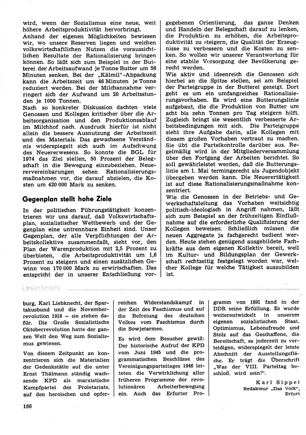 Neuer Weg (NW), Organ des Zentralkomitees (ZK) der SED (Sozialistische Einheitspartei Deutschlands) für Fragen des Parteilebens, 29. Jahrgang [Deutsche Demokratische Republik (DDR)] 1974, Seite 166 (NW ZK SED DDR 1974, S. 166)
