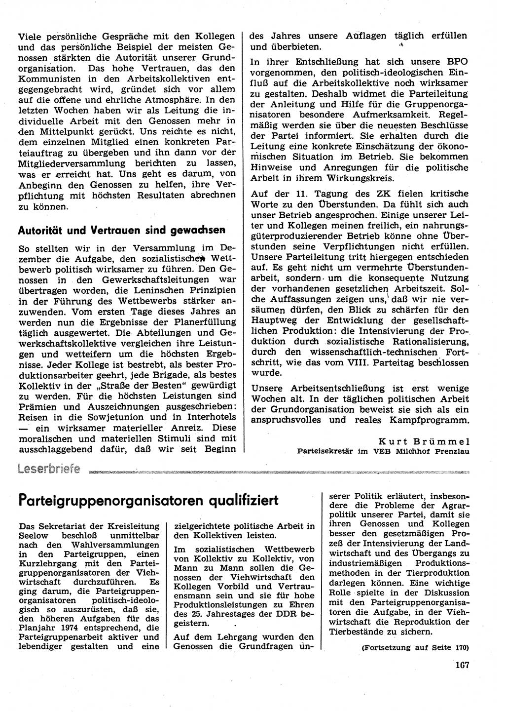 Neuer Weg (NW), Organ des Zentralkomitees (ZK) der SED (Sozialistische Einheitspartei Deutschlands) für Fragen des Parteilebens, 29. Jahrgang [Deutsche Demokratische Republik (DDR)] 1974, Seite 167 (NW ZK SED DDR 1974, S. 167)