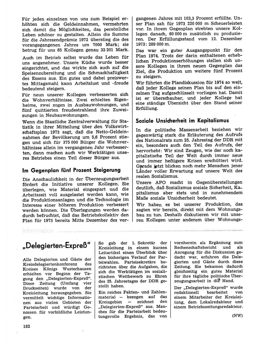 Neuer Weg (NW), Organ des Zentralkomitees (ZK) der SED (Sozialistische Einheitspartei Deutschlands) für Fragen des Parteilebens, 29. Jahrgang [Deutsche Demokratische Republik (DDR)] 1974, Seite 182 (NW ZK SED DDR 1974, S. 182)