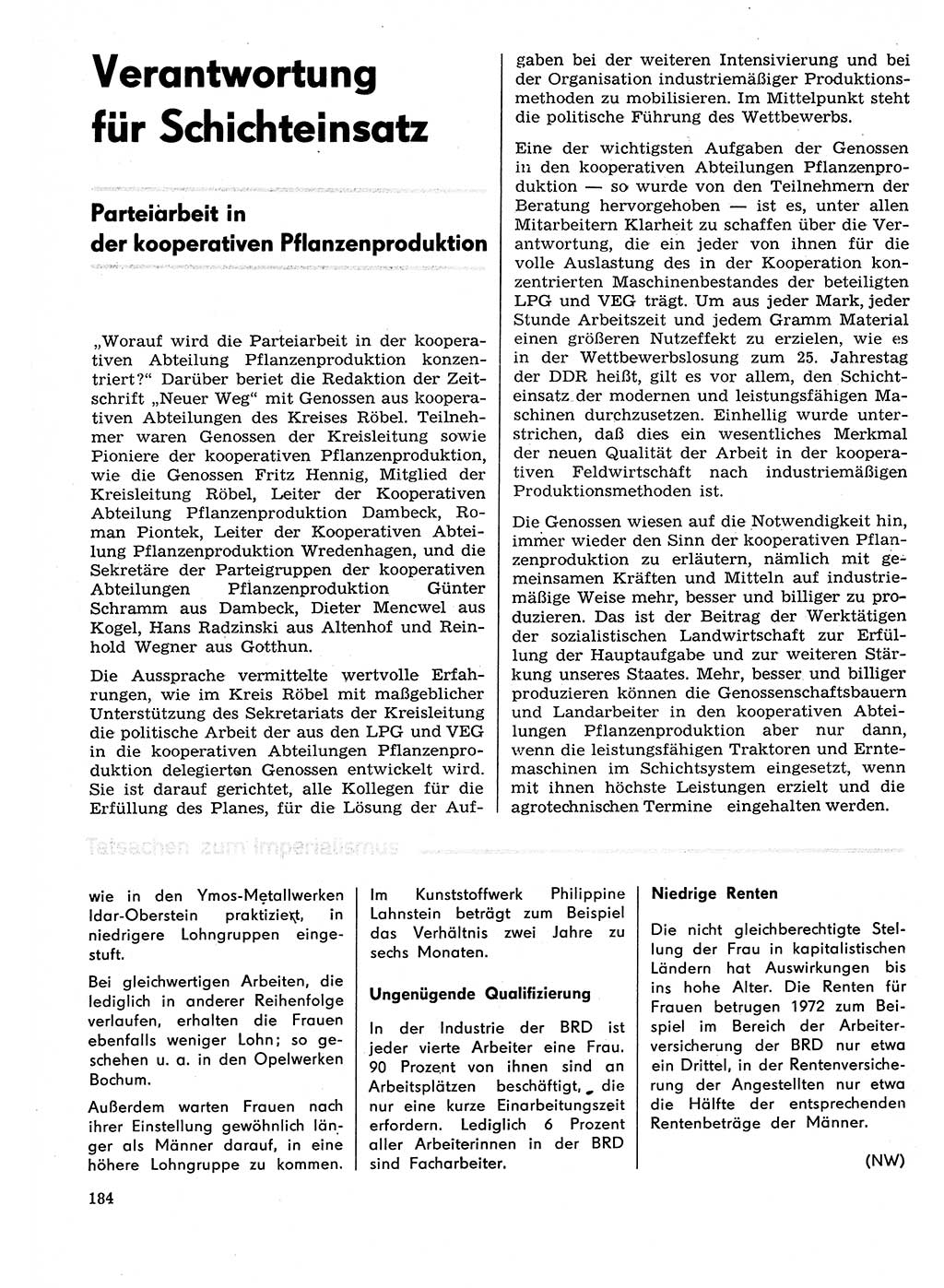 Neuer Weg (NW), Organ des Zentralkomitees (ZK) der SED (Sozialistische Einheitspartei Deutschlands) für Fragen des Parteilebens, 29. Jahrgang [Deutsche Demokratische Republik (DDR)] 1974, Seite 184 (NW ZK SED DDR 1974, S. 184)