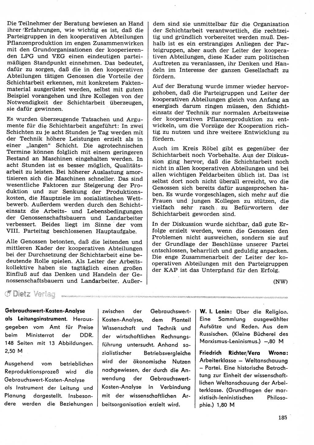 Neuer Weg (NW), Organ des Zentralkomitees (ZK) der SED (Sozialistische Einheitspartei Deutschlands) für Fragen des Parteilebens, 29. Jahrgang [Deutsche Demokratische Republik (DDR)] 1974, Seite 185 (NW ZK SED DDR 1974, S. 185)