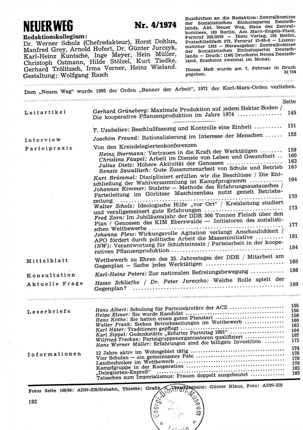 Neuer Weg (NW), Organ des Zentralkomitees (ZK) der SED (Sozialistische Einheitspartei Deutschlands) für Fragen des Parteilebens, 29. Jahrgang [Deutsche Demokratische Republik (DDR)] 1974, Seite 192 (NW ZK SED DDR 1974, S. 192)