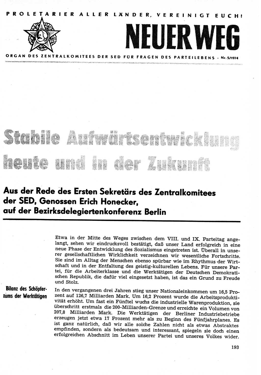 Neuer Weg (NW), Organ des Zentralkomitees (ZK) der SED (Sozialistische Einheitspartei Deutschlands) für Fragen des Parteilebens, 29. Jahrgang [Deutsche Demokratische Republik (DDR)] 1974, Seite 193 (NW ZK SED DDR 1974, S. 193)