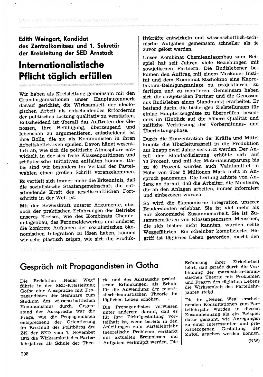 Neuer Weg (NW), Organ des Zentralkomitees (ZK) der SED (Sozialistische Einheitspartei Deutschlands) für Fragen des Parteilebens, 29. Jahrgang [Deutsche Demokratische Republik (DDR)] 1974, Seite 208 (NW ZK SED DDR 1974, S. 208)