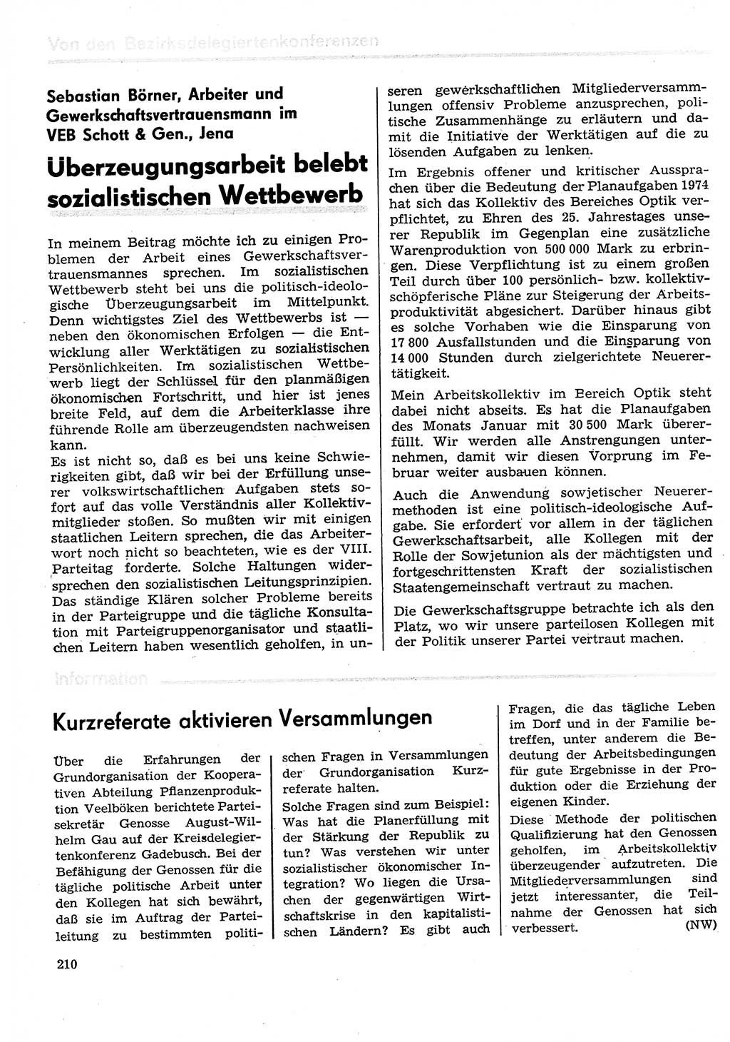 Neuer Weg (NW), Organ des Zentralkomitees (ZK) der SED (Sozialistische Einheitspartei Deutschlands) für Fragen des Parteilebens, 29. Jahrgang [Deutsche Demokratische Republik (DDR)] 1974, Seite 210 (NW ZK SED DDR 1974, S. 210)