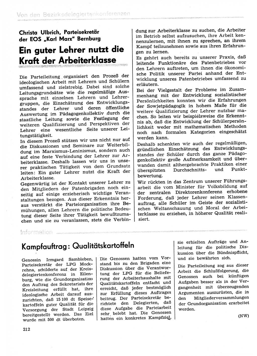 Neuer Weg (NW), Organ des Zentralkomitees (ZK) der SED (Sozialistische Einheitspartei Deutschlands) für Fragen des Parteilebens, 29. Jahrgang [Deutsche Demokratische Republik (DDR)] 1974, Seite 212 (NW ZK SED DDR 1974, S. 212)