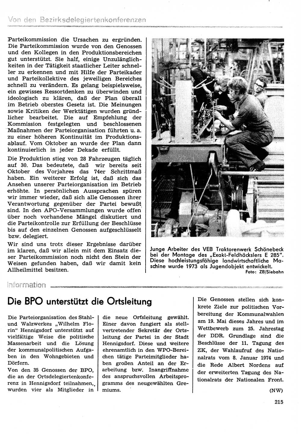 Neuer Weg (NW), Organ des Zentralkomitees (ZK) der SED (Sozialistische Einheitspartei Deutschlands) für Fragen des Parteilebens, 29. Jahrgang [Deutsche Demokratische Republik (DDR)] 1974, Seite 215 (NW ZK SED DDR 1974, S. 215)