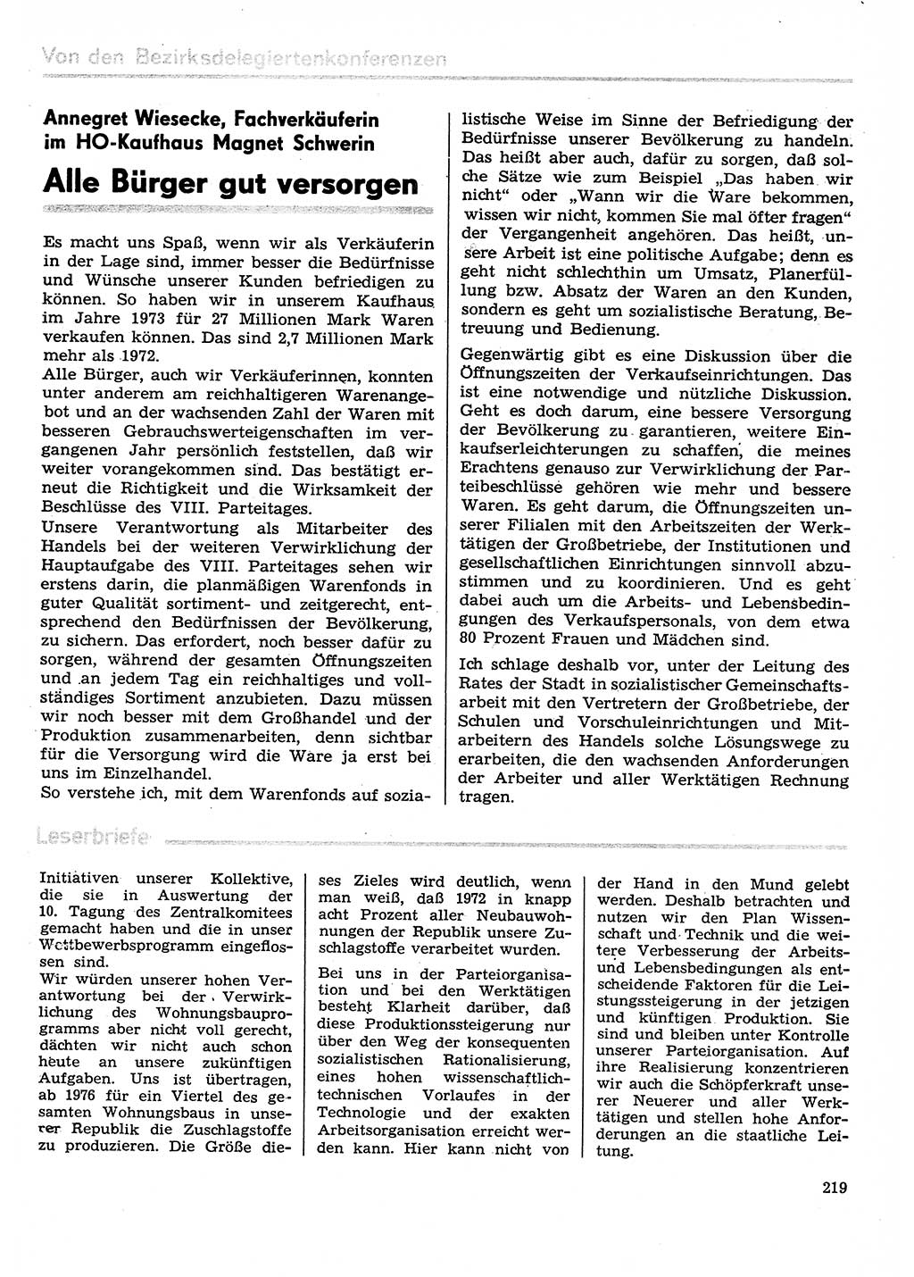 Neuer Weg (NW), Organ des Zentralkomitees (ZK) der SED (Sozialistische Einheitspartei Deutschlands) für Fragen des Parteilebens, 29. Jahrgang [Deutsche Demokratische Republik (DDR)] 1974, Seite 219 (NW ZK SED DDR 1974, S. 219)