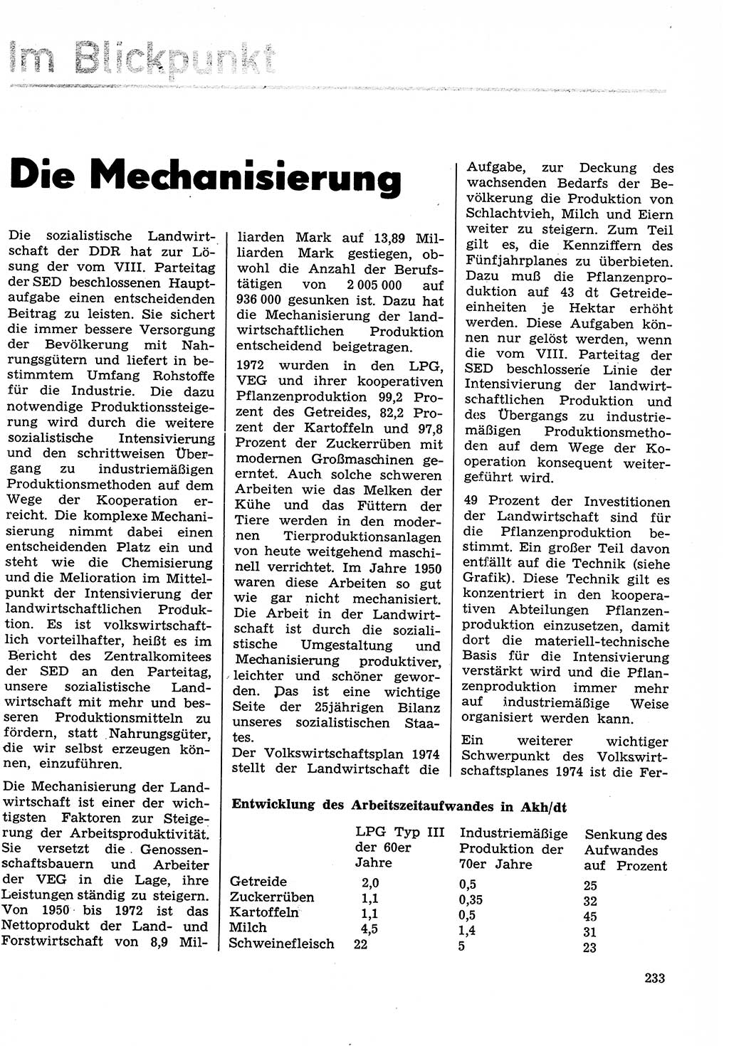 Neuer Weg (NW), Organ des Zentralkomitees (ZK) der SED (Sozialistische Einheitspartei Deutschlands) für Fragen des Parteilebens, 29. Jahrgang [Deutsche Demokratische Republik (DDR)] 1974, Seite 233 (NW ZK SED DDR 1974, S. 233)