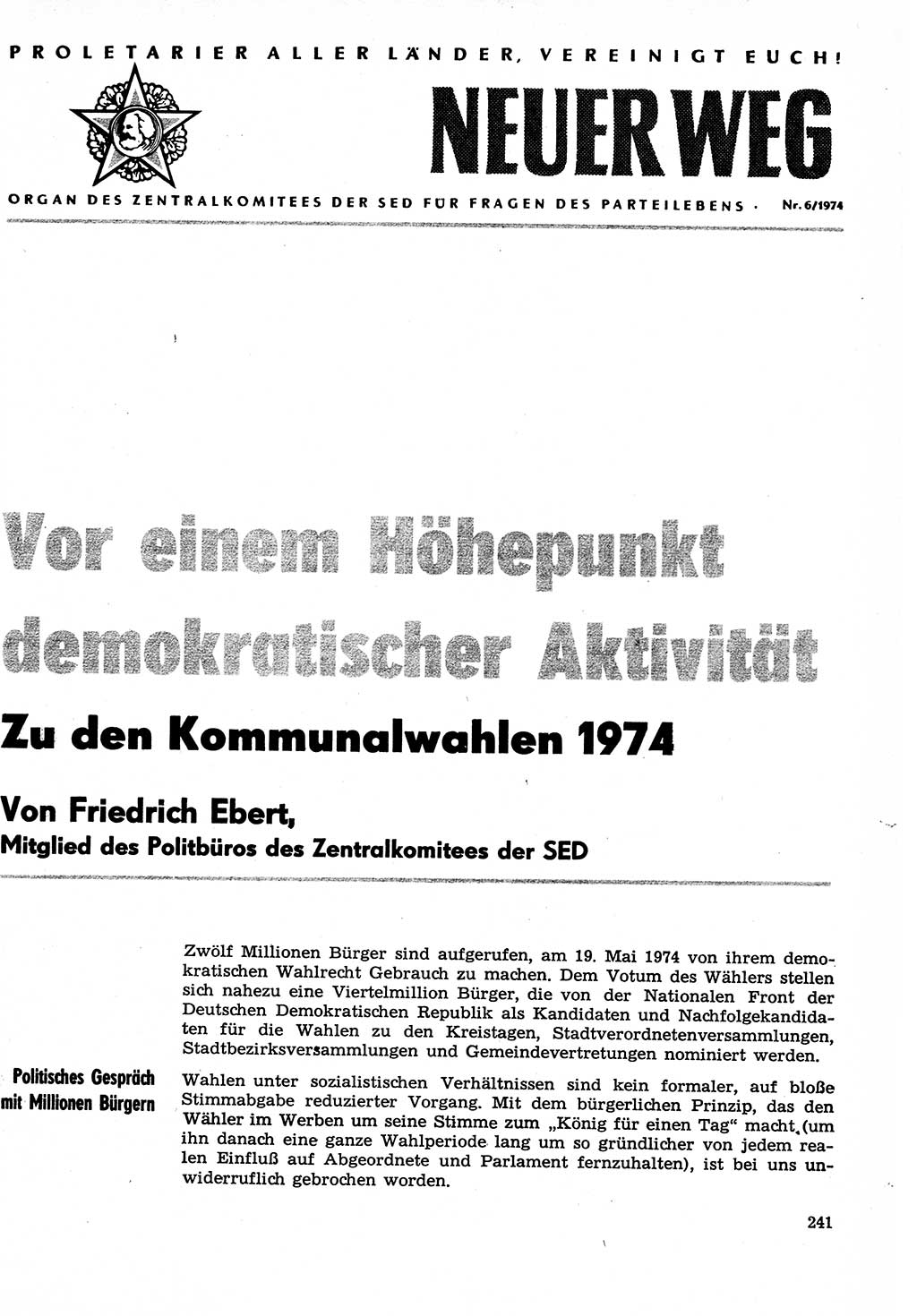 Neuer Weg (NW), Organ des Zentralkomitees (ZK) der SED (Sozialistische Einheitspartei Deutschlands) für Fragen des Parteilebens, 29. Jahrgang [Deutsche Demokratische Republik (DDR)] 1974, Seite 241 (NW ZK SED DDR 1974, S. 241)