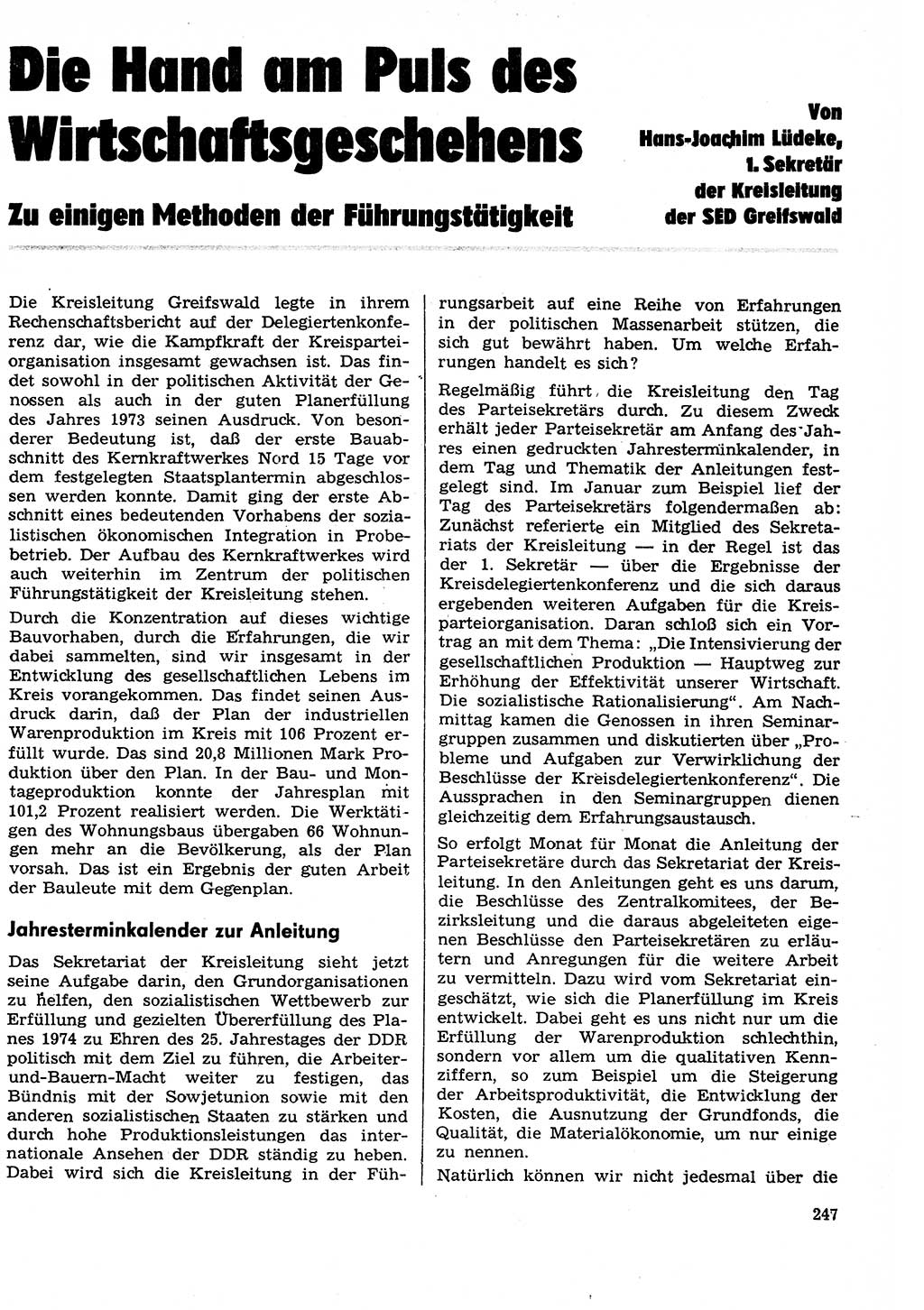 Neuer Weg (NW), Organ des Zentralkomitees (ZK) der SED (Sozialistische Einheitspartei Deutschlands) für Fragen des Parteilebens, 29. Jahrgang [Deutsche Demokratische Republik (DDR)] 1974, Seite 247 (NW ZK SED DDR 1974, S. 247)