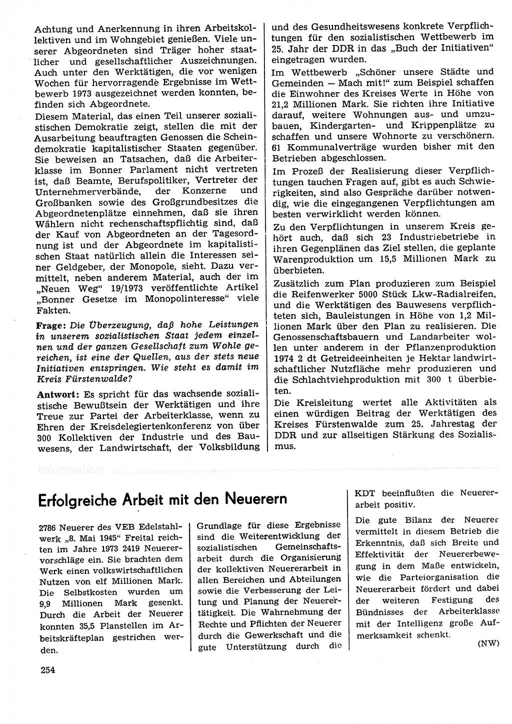 Neuer Weg (NW), Organ des Zentralkomitees (ZK) der SED (Sozialistische Einheitspartei Deutschlands) für Fragen des Parteilebens, 29. Jahrgang [Deutsche Demokratische Republik (DDR)] 1974, Seite 254 (NW ZK SED DDR 1974, S. 254)