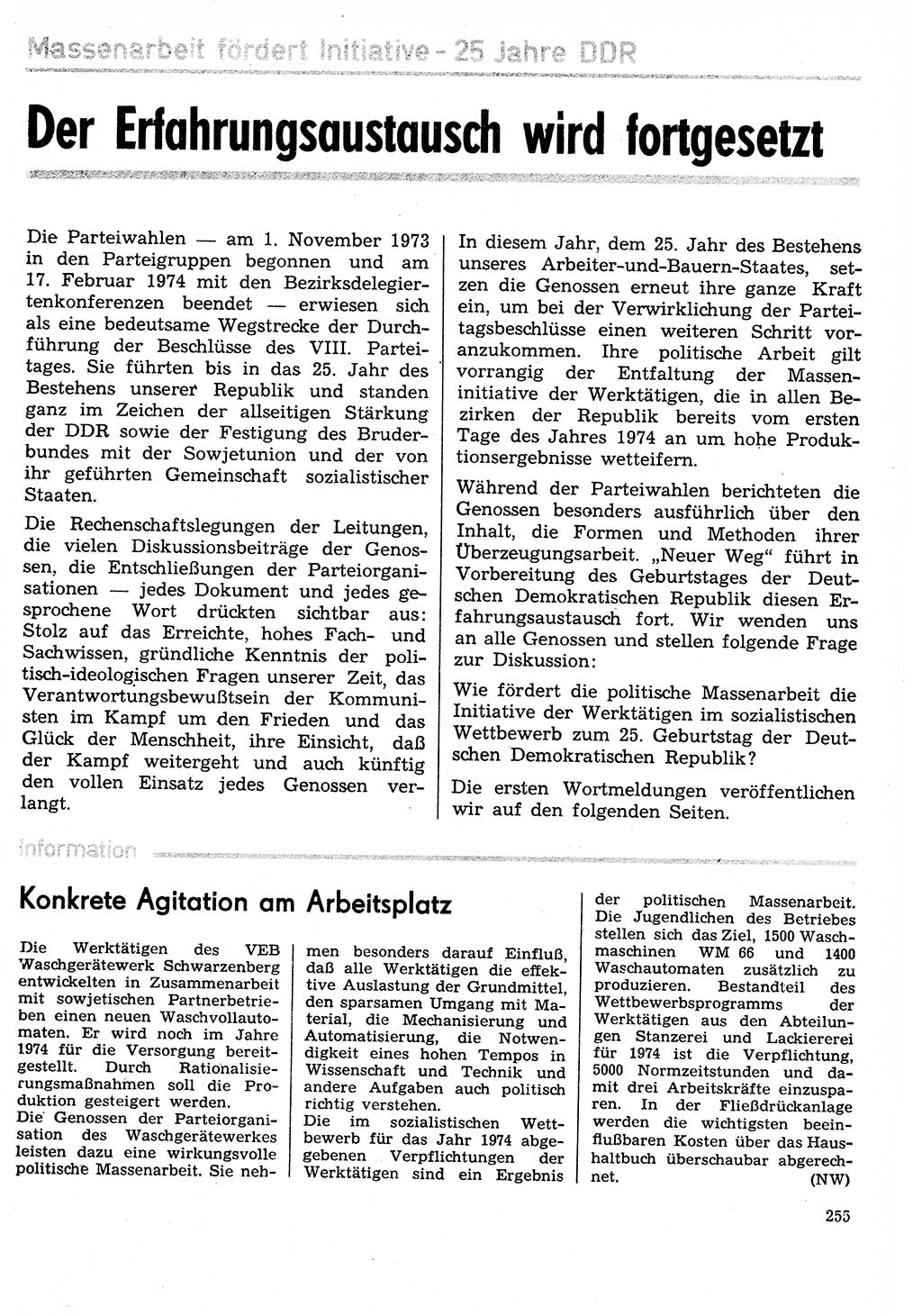 Neuer Weg (NW), Organ des Zentralkomitees (ZK) der SED (Sozialistische Einheitspartei Deutschlands) für Fragen des Parteilebens, 29. Jahrgang [Deutsche Demokratische Republik (DDR)] 1974, Seite 255 (NW ZK SED DDR 1974, S. 255)