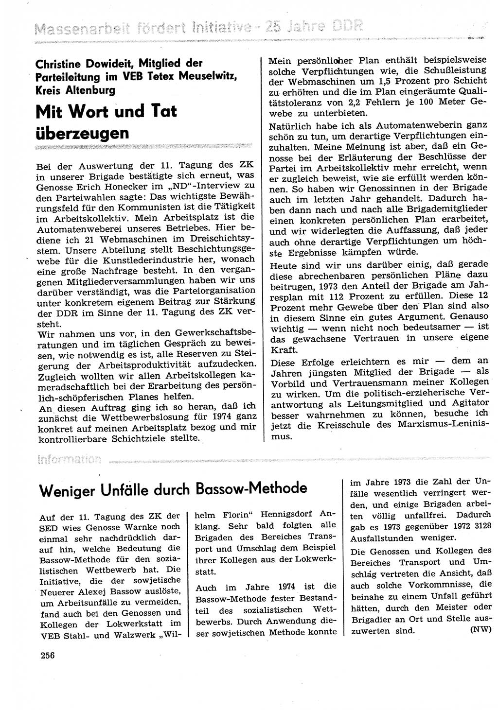 Neuer Weg (NW), Organ des Zentralkomitees (ZK) der SED (Sozialistische Einheitspartei Deutschlands) für Fragen des Parteilebens, 29. Jahrgang [Deutsche Demokratische Republik (DDR)] 1974, Seite 256 (NW ZK SED DDR 1974, S. 256)