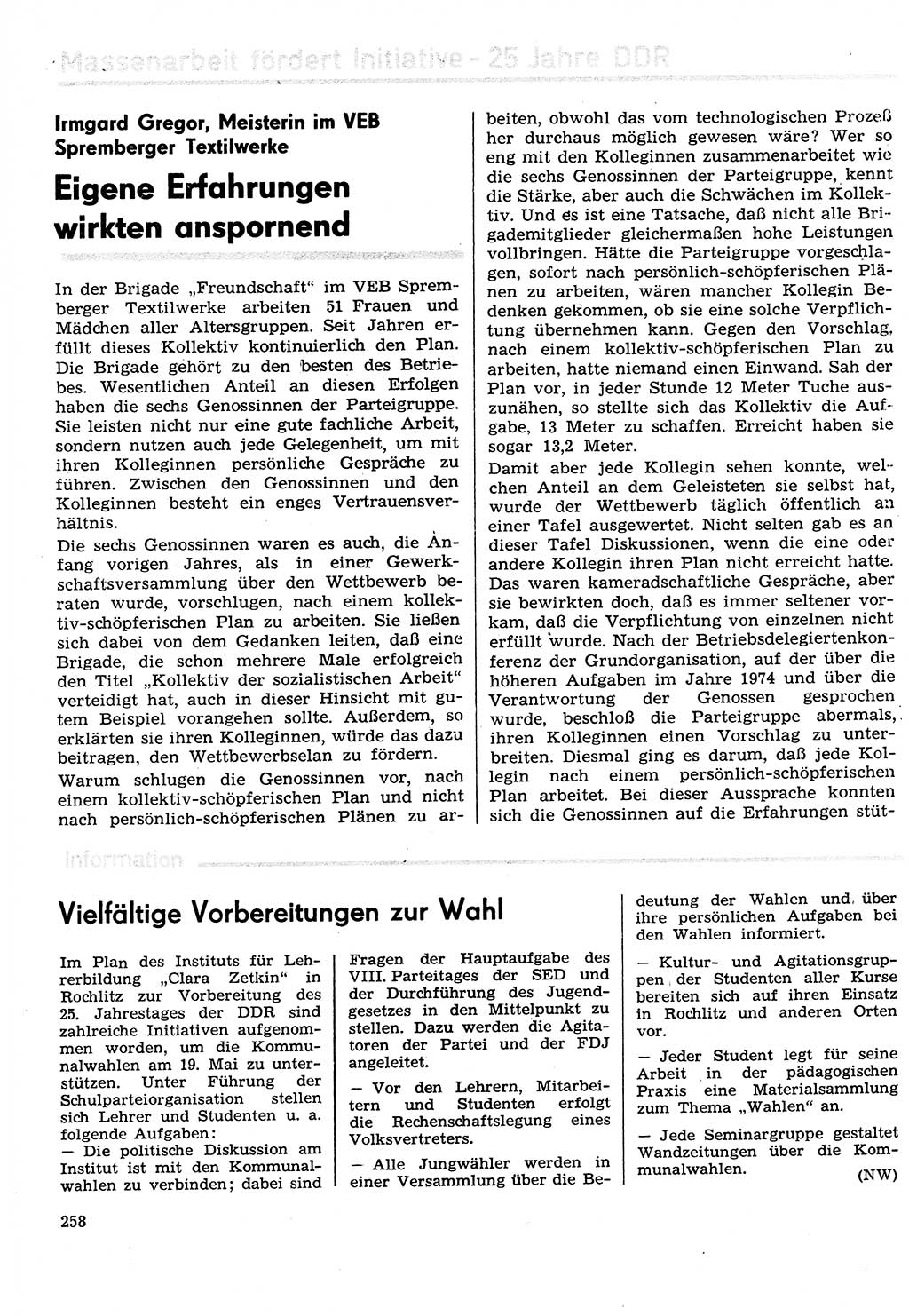 Neuer Weg (NW), Organ des Zentralkomitees (ZK) der SED (Sozialistische Einheitspartei Deutschlands) für Fragen des Parteilebens, 29. Jahrgang [Deutsche Demokratische Republik (DDR)] 1974, Seite 258 (NW ZK SED DDR 1974, S. 258)