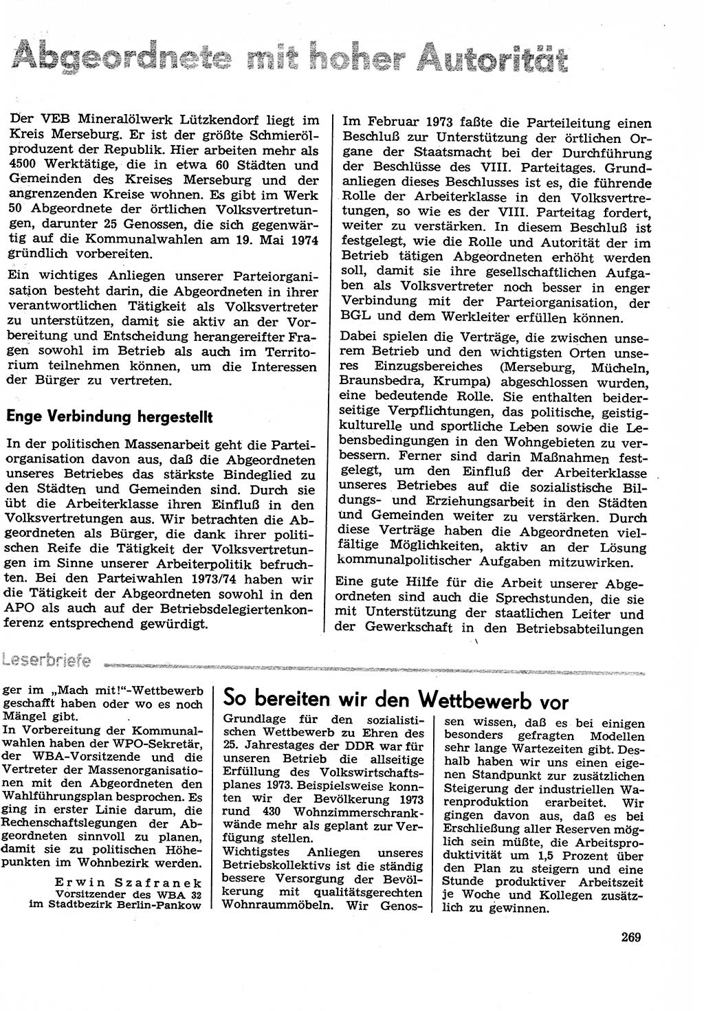 Neuer Weg (NW), Organ des Zentralkomitees (ZK) der SED (Sozialistische Einheitspartei Deutschlands) fÃ¼r Fragen des Parteilebens, 29. Jahrgang [Deutsche Demokratische Republik (DDR)] 1974, Seite 269 (NW ZK SED DDR 1974, S. 269)