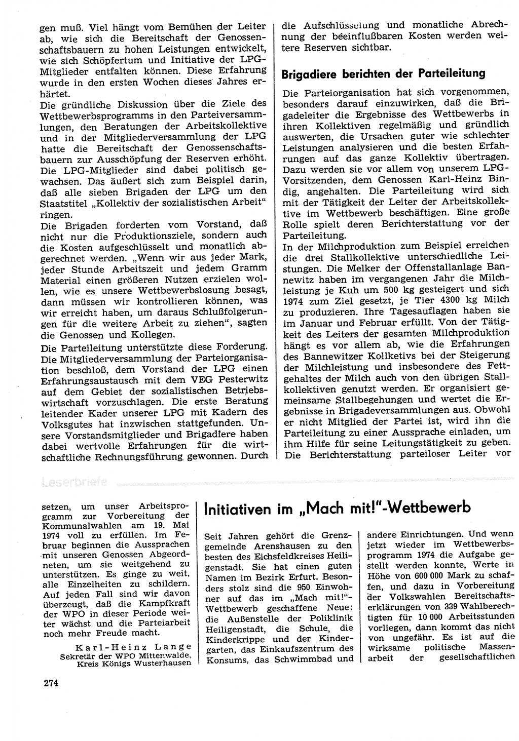 Neuer Weg (NW), Organ des Zentralkomitees (ZK) der SED (Sozialistische Einheitspartei Deutschlands) für Fragen des Parteilebens, 29. Jahrgang [Deutsche Demokratische Republik (DDR)] 1974, Seite 274 (NW ZK SED DDR 1974, S. 274)