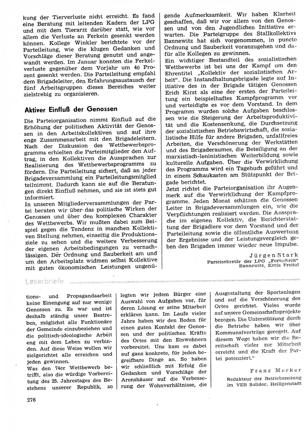 Neuer Weg (NW), Organ des Zentralkomitees (ZK) der SED (Sozialistische Einheitspartei Deutschlands) für Fragen des Parteilebens, 29. Jahrgang [Deutsche Demokratische Republik (DDR)] 1974, Seite 276 (NW ZK SED DDR 1974, S. 276)