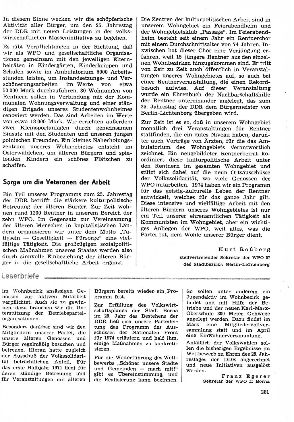 Neuer Weg (NW), Organ des Zentralkomitees (ZK) der SED (Sozialistische Einheitspartei Deutschlands) für Fragen des Parteilebens, 29. Jahrgang [Deutsche Demokratische Republik (DDR)] 1974, Seite 281 (NW ZK SED DDR 1974, S. 281)