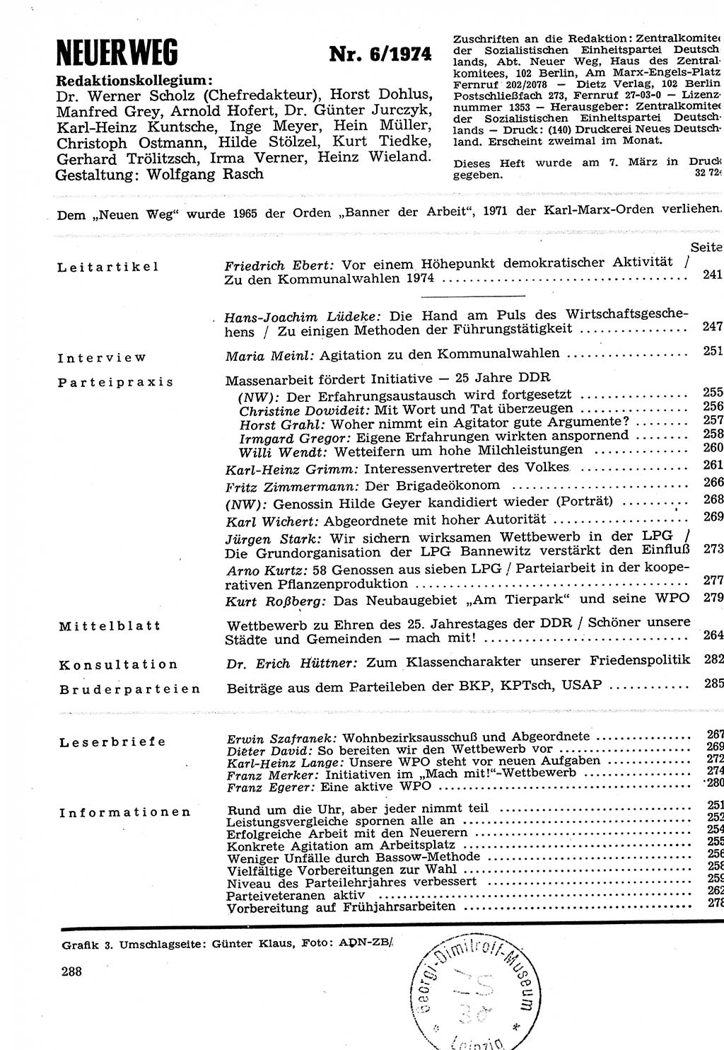 Neuer Weg (NW), Organ des Zentralkomitees (ZK) der SED (Sozialistische Einheitspartei Deutschlands) für Fragen des Parteilebens, 29. Jahrgang [Deutsche Demokratische Republik (DDR)] 1974, Seite 288 (NW ZK SED DDR 1974, S. 288)