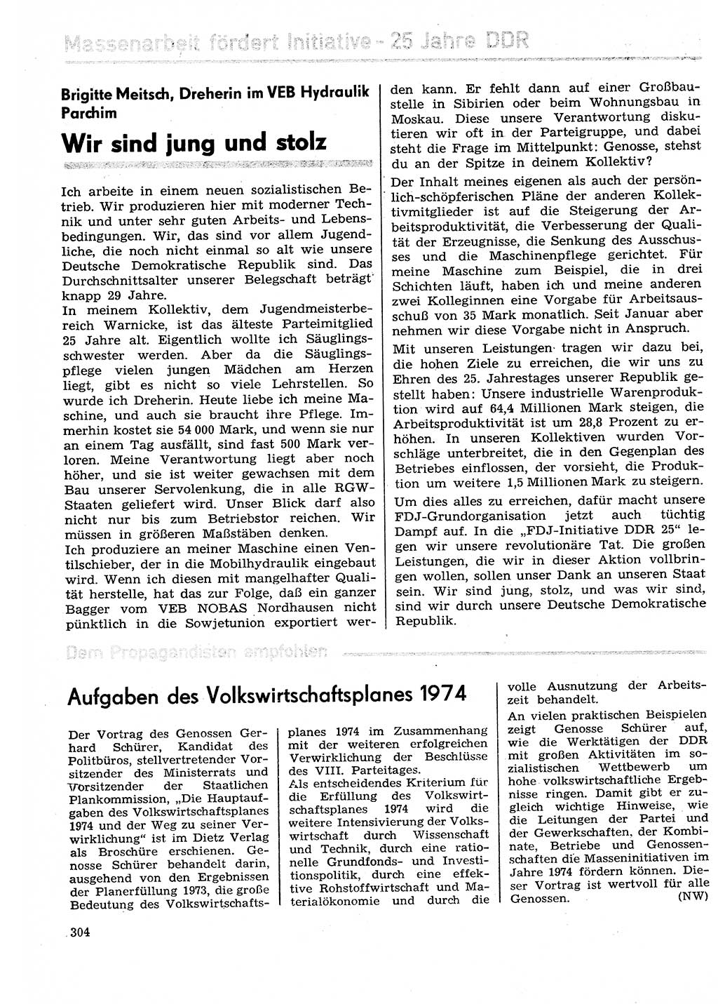 Neuer Weg (NW), Organ des Zentralkomitees (ZK) der SED (Sozialistische Einheitspartei Deutschlands) für Fragen des Parteilebens, 29. Jahrgang [Deutsche Demokratische Republik (DDR)] 1974, Seite 304 (NW ZK SED DDR 1974, S. 304)