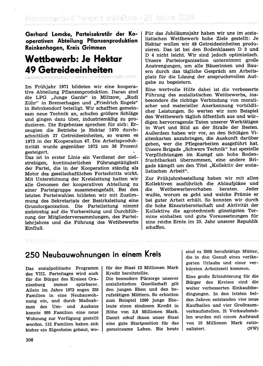 Neuer Weg (NW), Organ des Zentralkomitees (ZK) der SED (Sozialistische Einheitspartei Deutschlands) für Fragen des Parteilebens, 29. Jahrgang [Deutsche Demokratische Republik (DDR)] 1974, Seite 306 (NW ZK SED DDR 1974, S. 306)