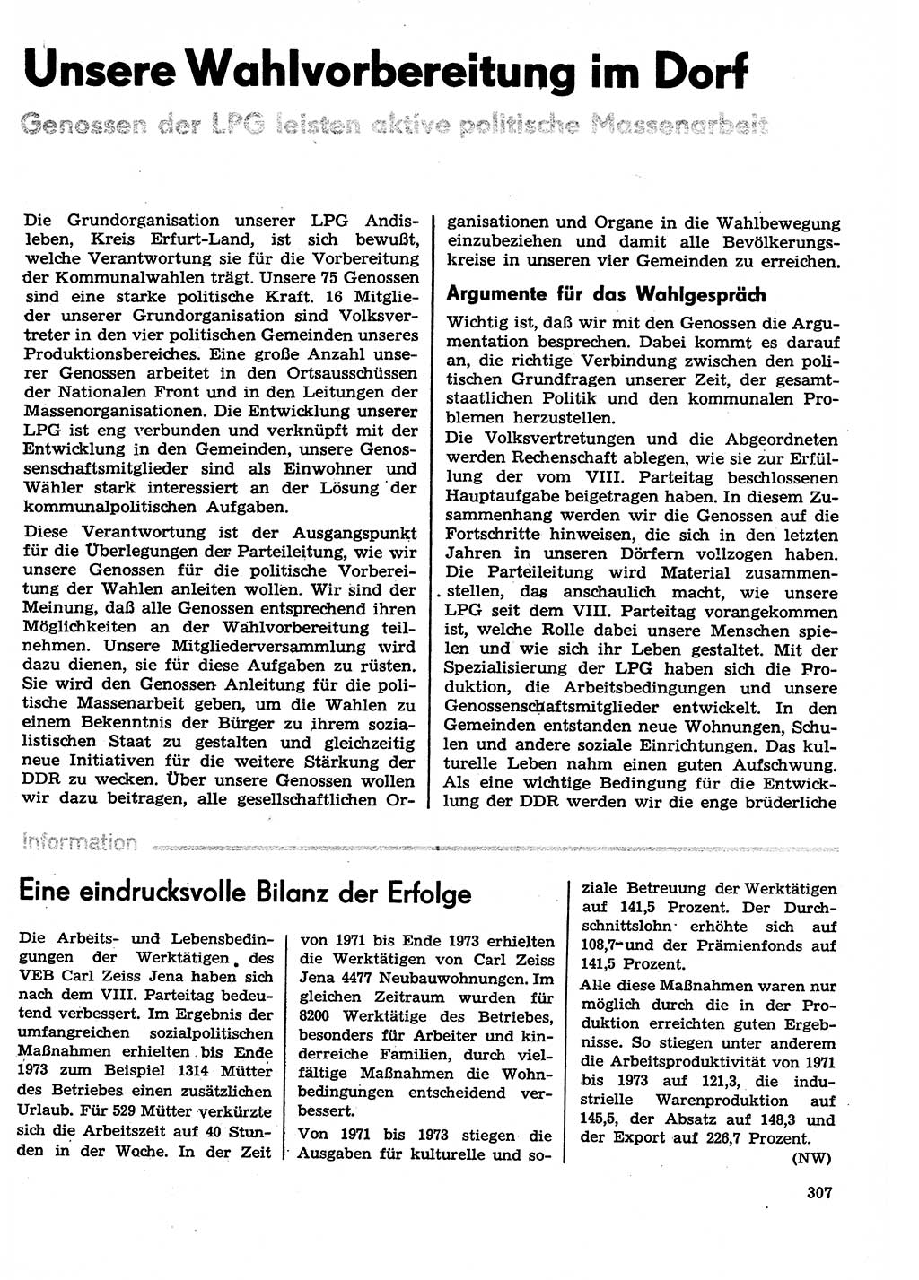 Neuer Weg (NW), Organ des Zentralkomitees (ZK) der SED (Sozialistische Einheitspartei Deutschlands) für Fragen des Parteilebens, 29. Jahrgang [Deutsche Demokratische Republik (DDR)] 1974, Seite 307 (NW ZK SED DDR 1974, S. 307)