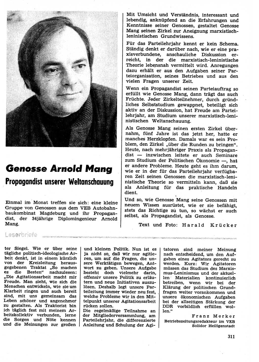 Neuer Weg (NW), Organ des Zentralkomitees (ZK) der SED (Sozialistische Einheitspartei Deutschlands) für Fragen des Parteilebens, 29. Jahrgang [Deutsche Demokratische Republik (DDR)] 1974, Seite 311 (NW ZK SED DDR 1974, S. 311)