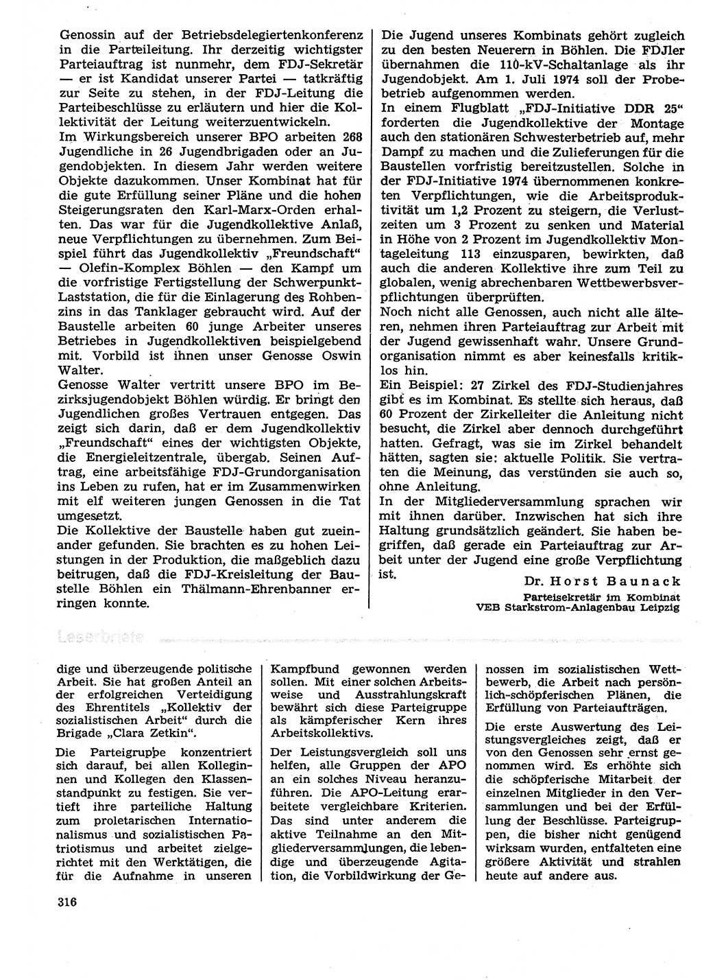 Neuer Weg (NW), Organ des Zentralkomitees (ZK) der SED (Sozialistische Einheitspartei Deutschlands) für Fragen des Parteilebens, 29. Jahrgang [Deutsche Demokratische Republik (DDR)] 1974, Seite 316 (NW ZK SED DDR 1974, S. 316)